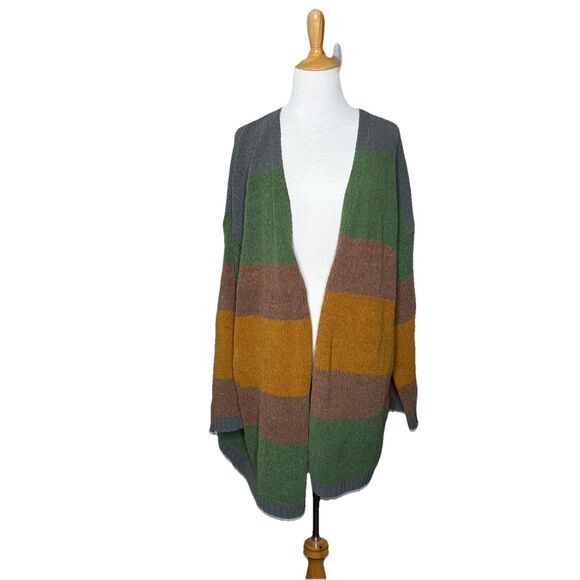 Umgee Soft Green Brown Oversized Striped Chenille Cardigan Size Small Women's - Picture 1 of 7